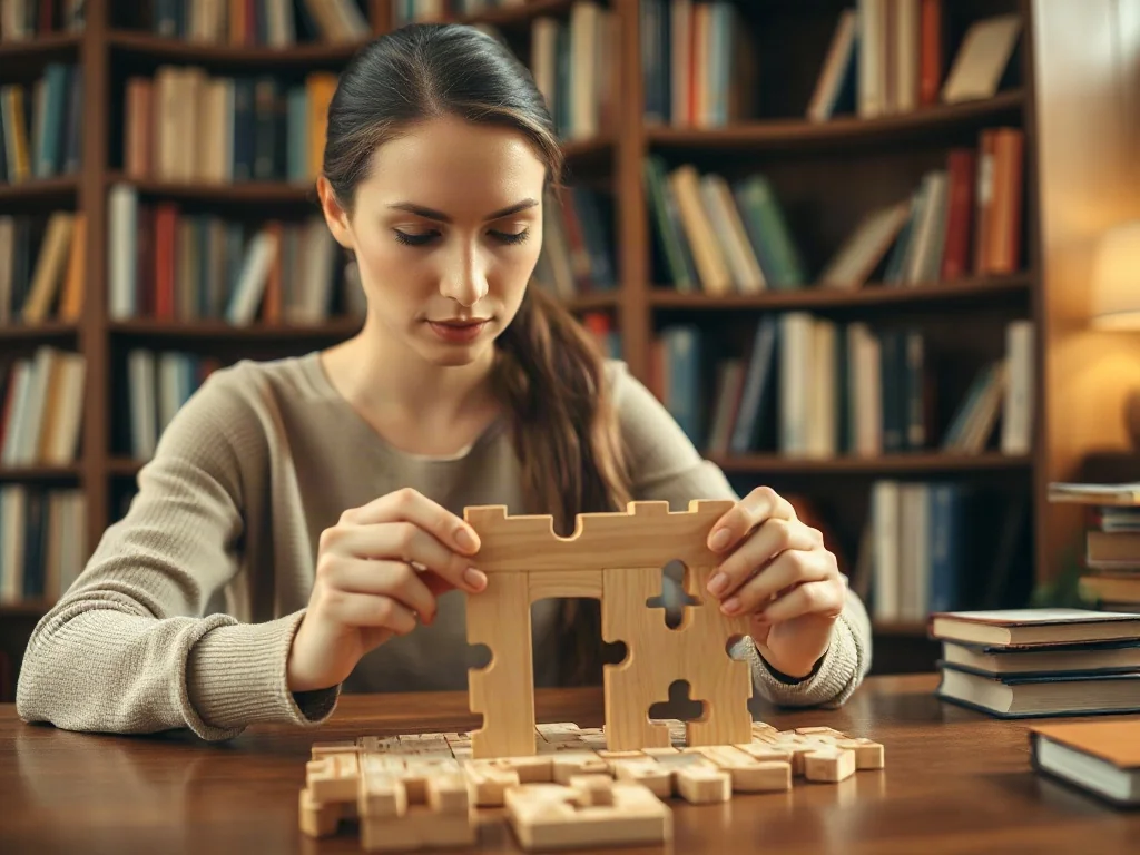 Kobieta skupiona na układaniu drewnianych puzzli w przytulnej bibliotece, co ilustruje korzyści płynące z łamigłówek.