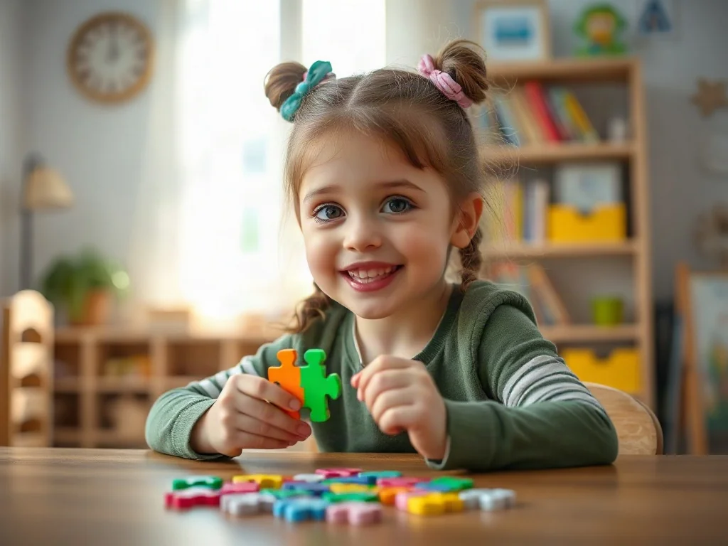 Sześcioletnia dziewczynka z zaciekawieniem układa kolorowe puzzle przy drewnianym stole w przytulnym pokoju zabaw.