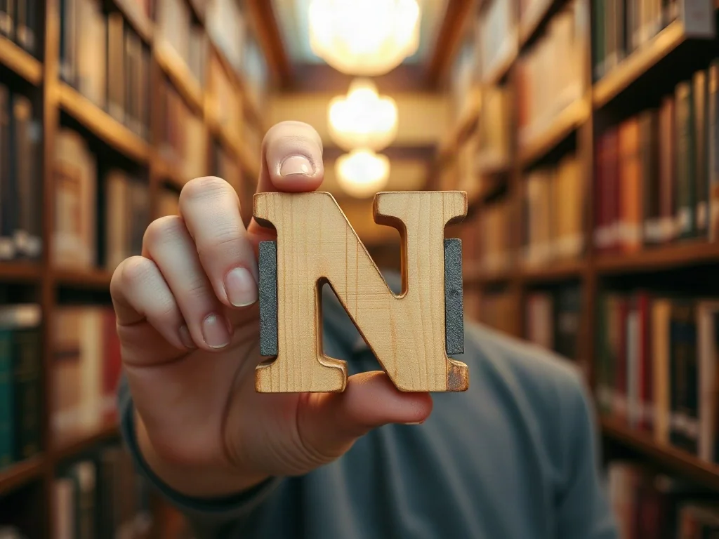 Osoba trzymająca drewnianą literę „N” na tle regałów z książkami w przytulnej bibliotece.