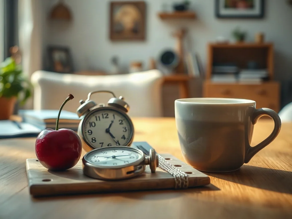 Drewniany stół z przedmiotami na literę „c”: czereśnią, zegarem, cyrklem i ceramicznym kubkiem w porannym świetle.