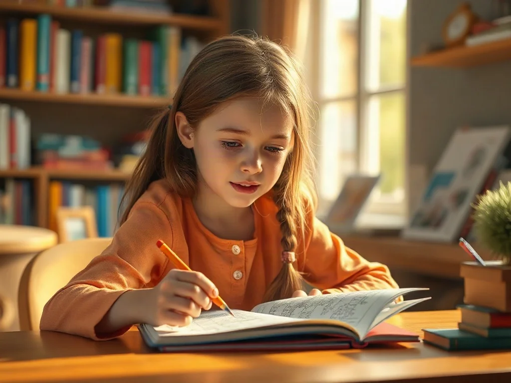 Skupiona 11-latka rozwiązuje łamigłówkę logiczną przy biurku w przytulnej bibliotece.